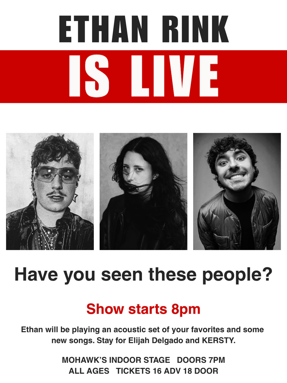 Ethan Rink Is Live — Mohawk indoor stage, Tuesday September 22, doors 7pm, show 8pm, all ages
